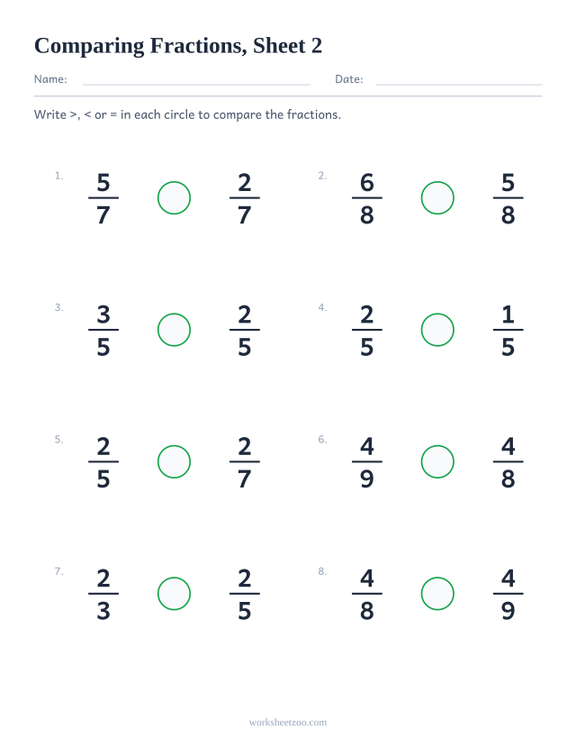 Comparing fractions worksheet, 8 pairs to compare with greater than, less than or equal, sheet 2