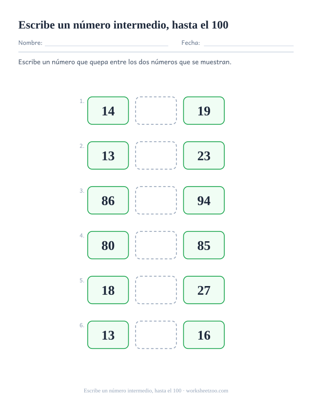 Ficha para comparar números, escribe un número que quepa entre dos números dados hasta el 100