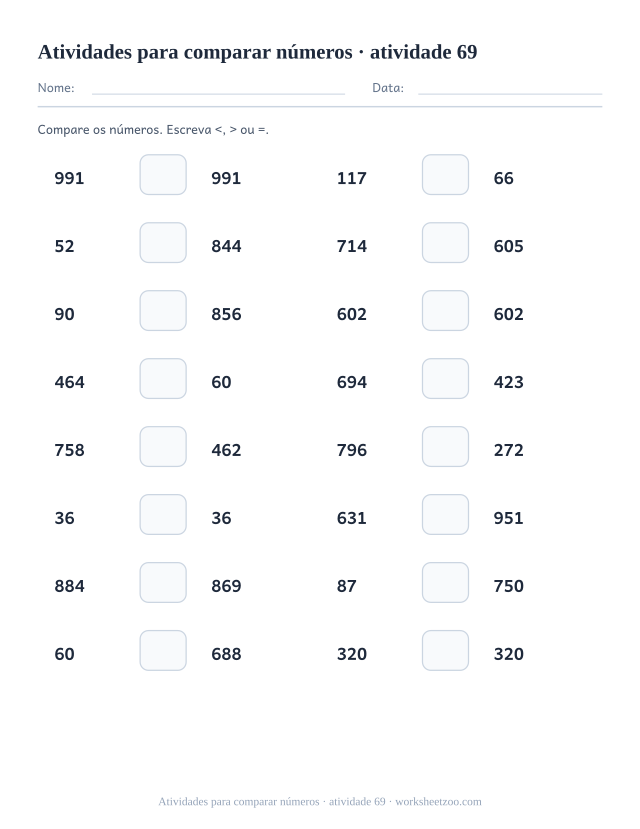 Prévia de Atividades para comparar números, atividade 69 para imprimir