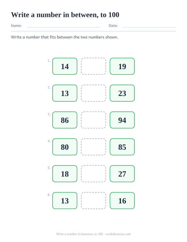 Comparing numbers worksheet, write a number that fits between two given numbers to 100