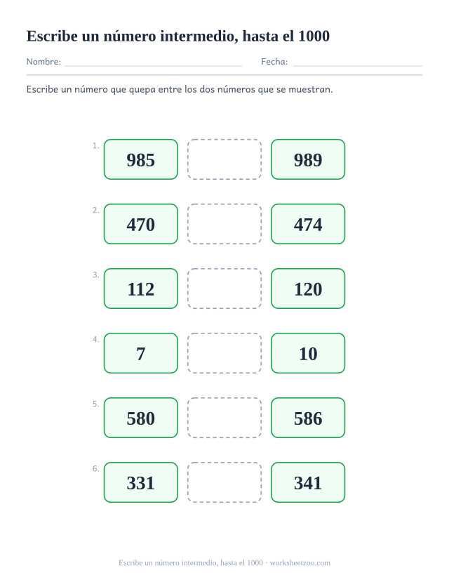 Ficha para comparar números, escribe un número que quepa entre dos números dados hasta el 1000