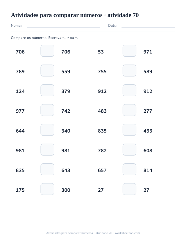 Prévia de Atividades para comparar números, atividade 70 para imprimir