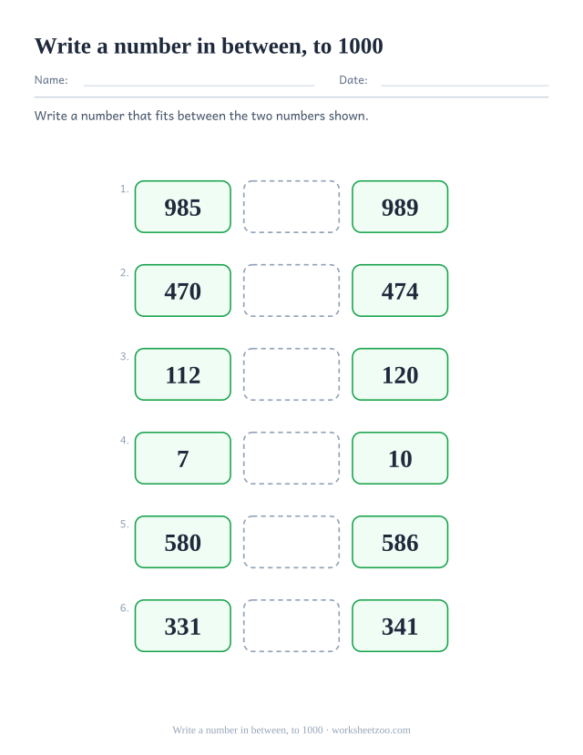 Comparing numbers worksheet, write a number that fits between two given numbers to 1000