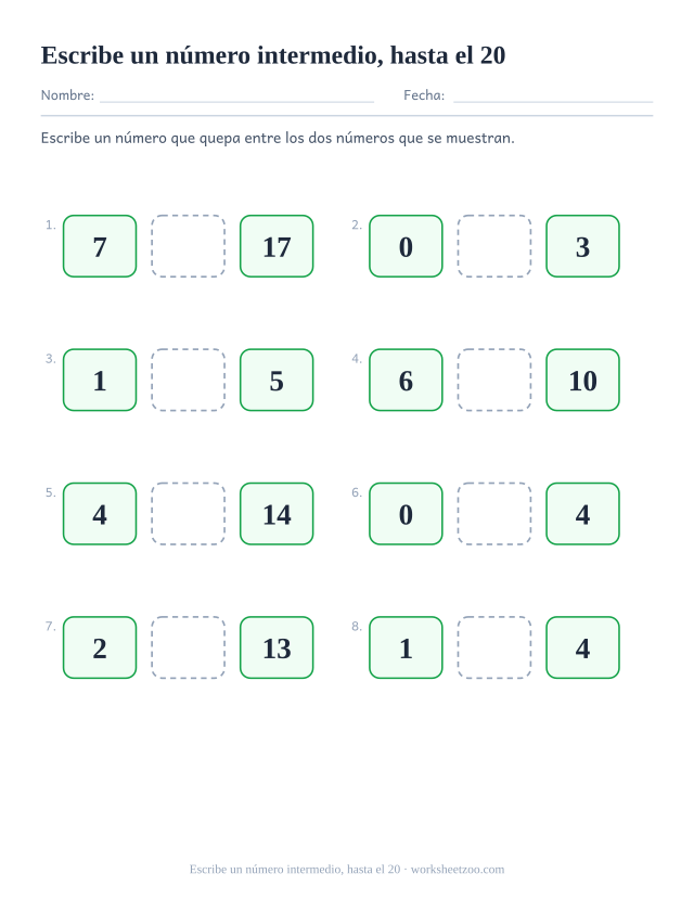 Ficha para comparar números, escribe un número que quepa entre dos números dados hasta el 20