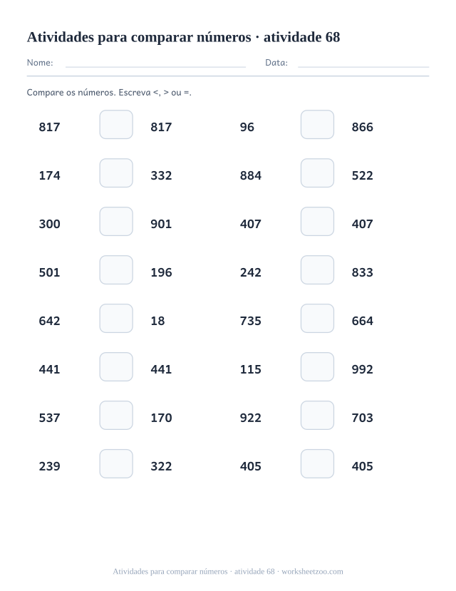Prévia de Atividades para comparar números, atividade 68 para imprimir
