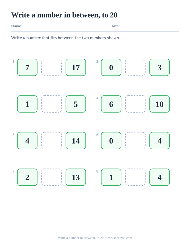 Comparing numbers worksheet, write a number that fits between two given numbers to 20