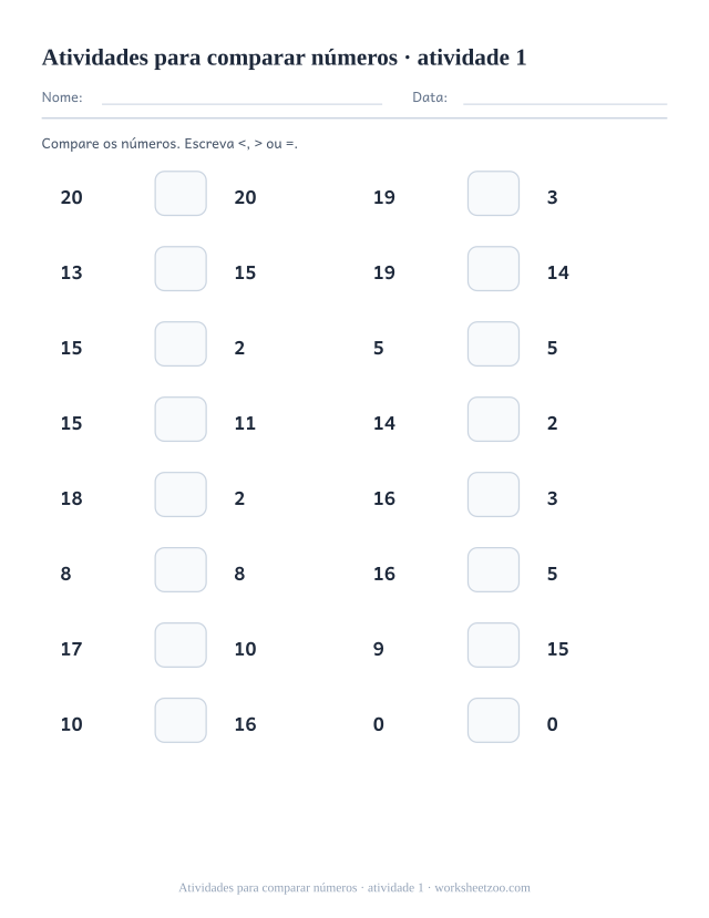 Prévia de Atividades para comparar números, atividade 1 para imprimir