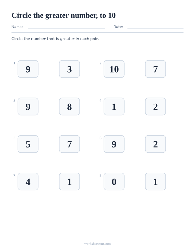 Comparing numbers worksheet, circle the greater number in each pair, numbers to 10