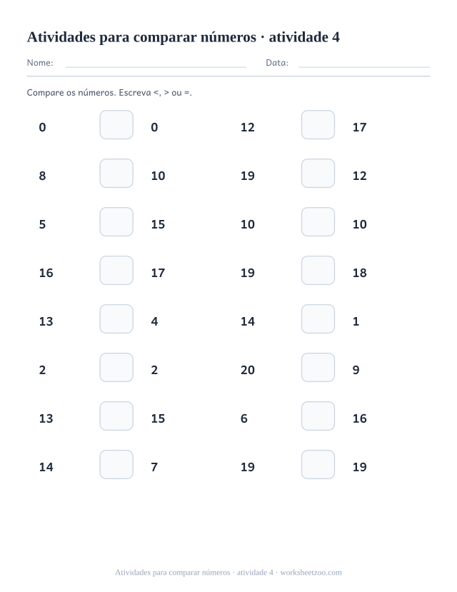 Prévia de Atividades para comparar números, atividade 4 para imprimir