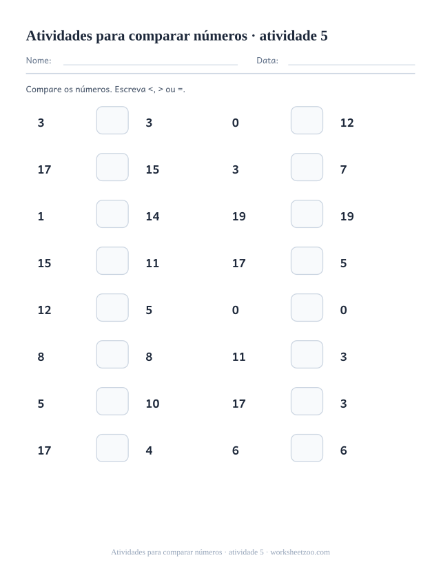 Prévia de Atividades para comparar números, atividade 5 para imprimir