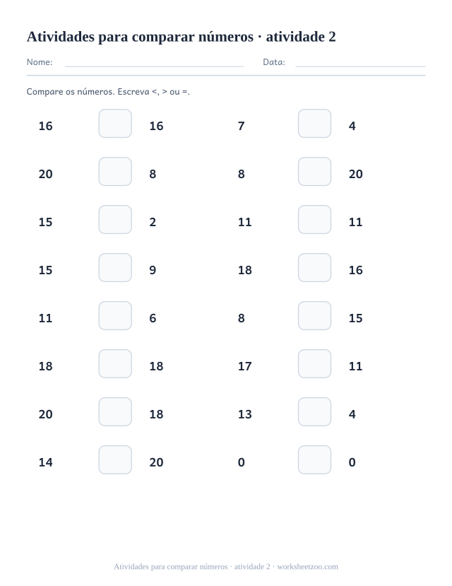 Prévia de Atividades para comparar números, atividade 2 para imprimir