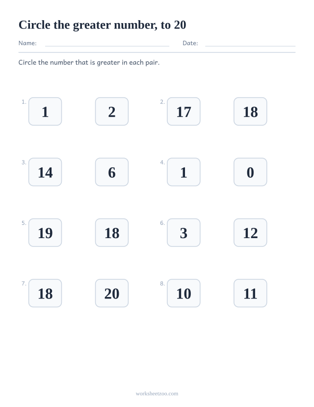 Comparing numbers worksheet, circle the greater number in each pair, numbers to 20