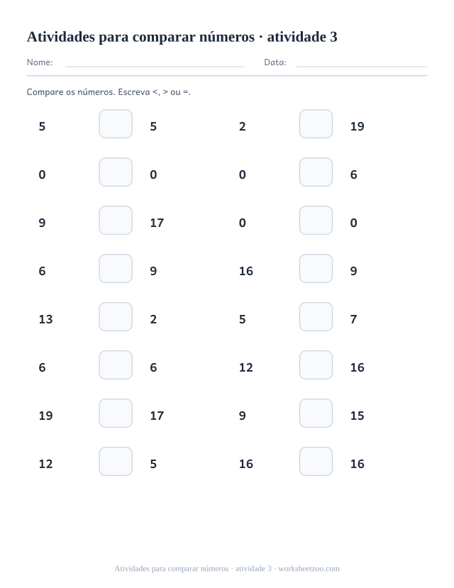 Prévia de Atividades para comparar números, atividade 3 para imprimir
