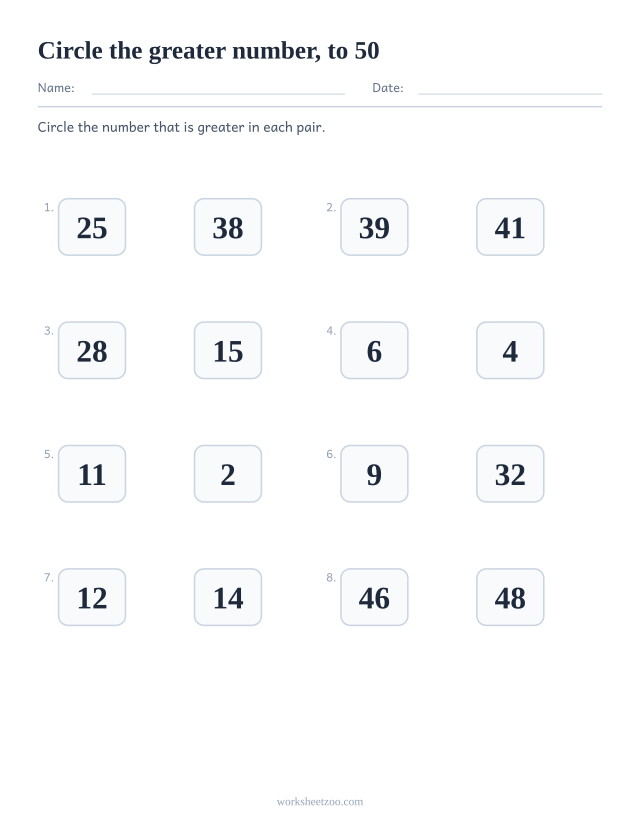 Comparing numbers worksheet, circle the greater number in each pair, numbers to 50