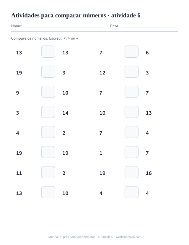 Prévia de Atividades para comparar números, atividade 6 para imprimir