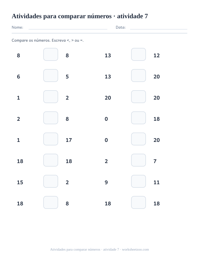 Prévia de Atividades para comparar números, atividade 7 para imprimir