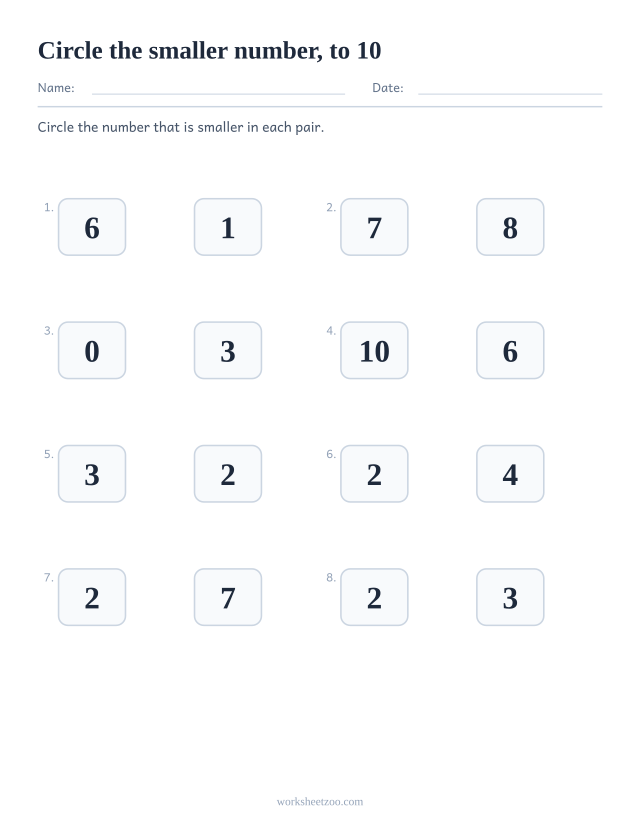 Comparing numbers worksheet, circle the smaller number in each pair, numbers to 10