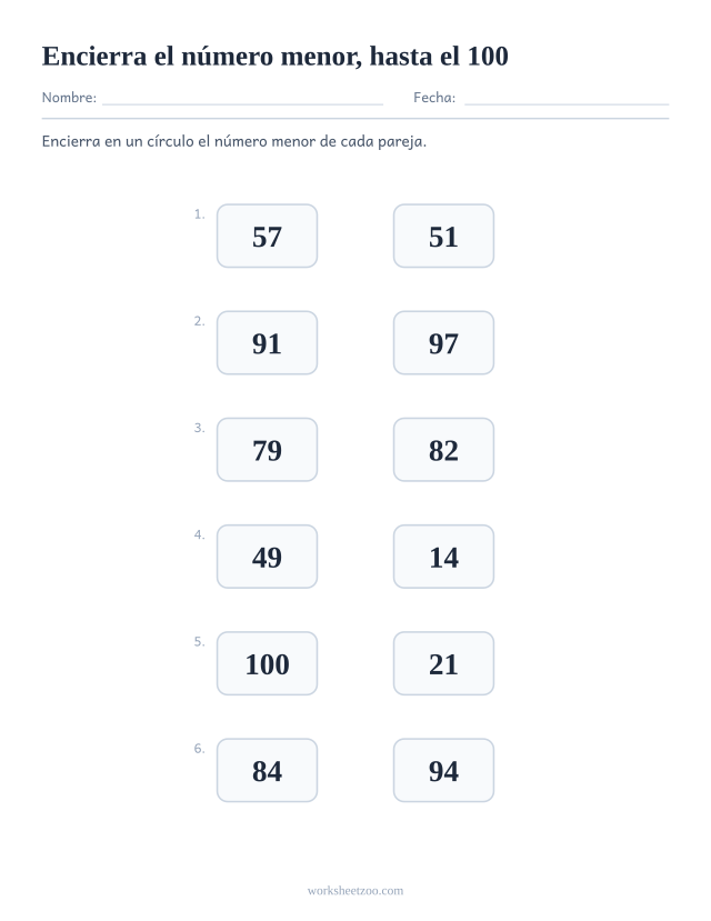 Ficha para comparar números, encierra el número menor de cada pareja, números hasta el 100