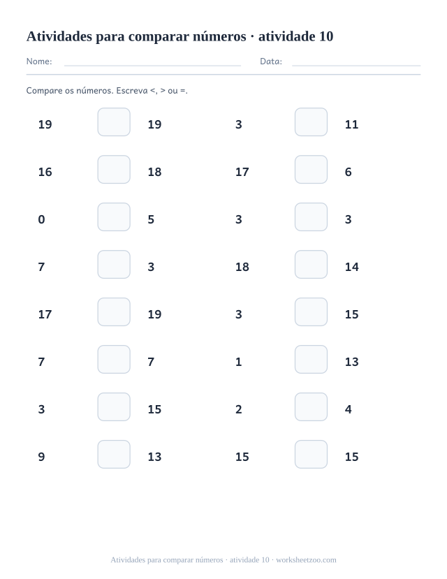Prévia de Atividades para comparar números, atividade 10 para imprimir