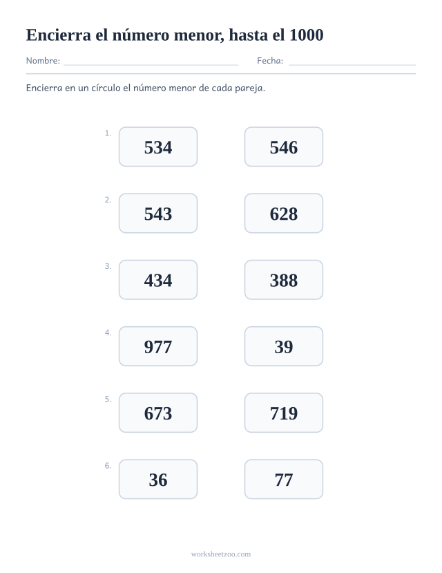 Ficha para comparar números, encierra el número menor de cada pareja, números hasta el 1000