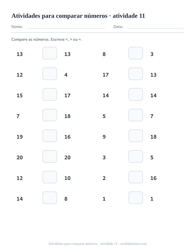 Prévia de Atividades para comparar números, atividade 11 para imprimir