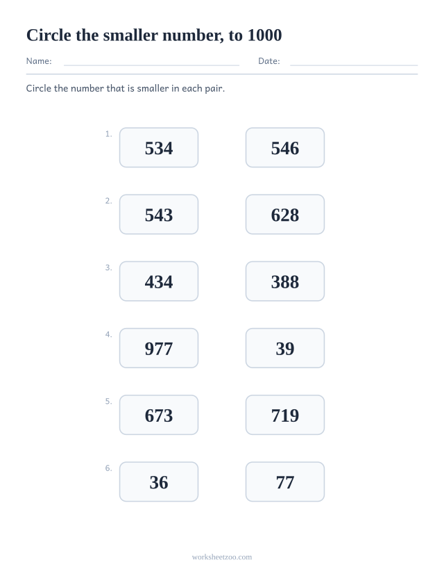 Comparing numbers worksheet, circle the smaller number in each pair, numbers to 1000