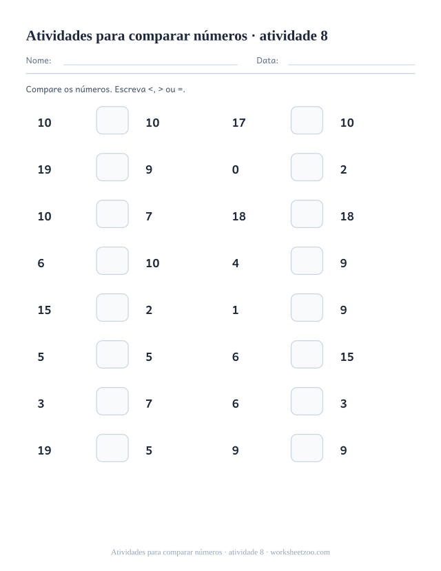 Prévia de Atividades para comparar números, atividade 8 para imprimir