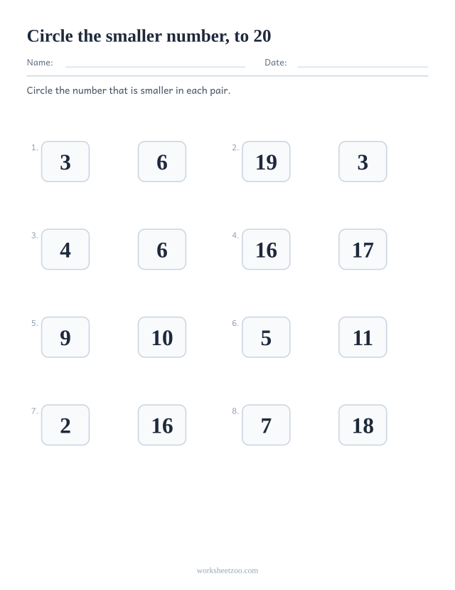 Comparing numbers worksheet, circle the smaller number in each pair, numbers to 20