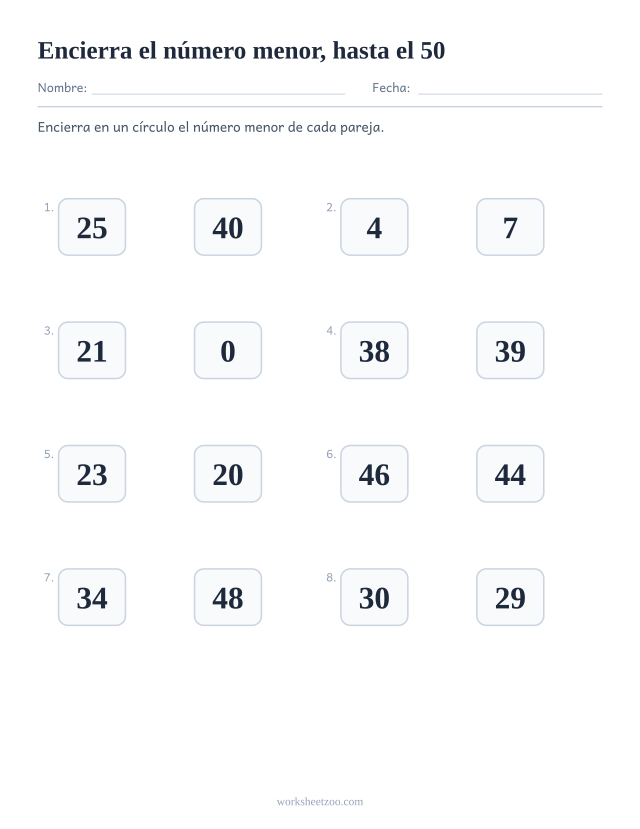 Ficha para comparar números, encierra el número menor de cada pareja, números hasta el 50