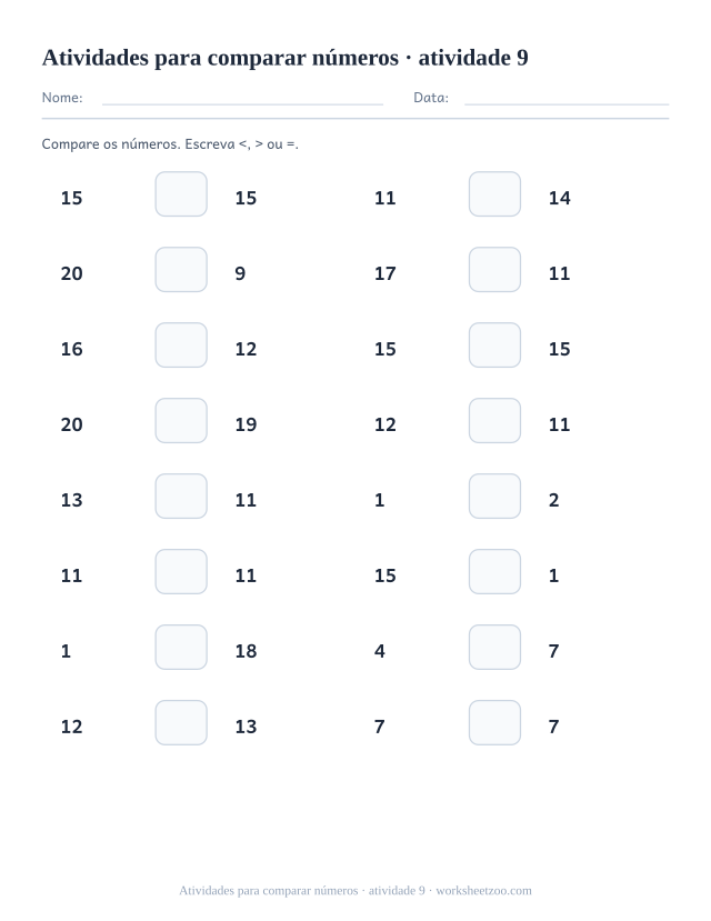 Prévia de Atividades para comparar números, atividade 9 para imprimir