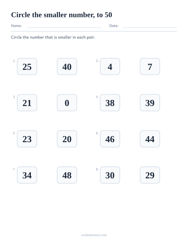 Comparing numbers worksheet, circle the smaller number in each pair, numbers to 50