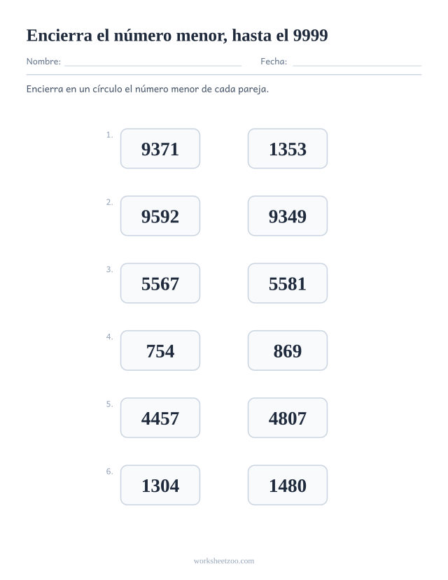 Ficha para comparar números, encierra el número menor de cada pareja, números hasta el 9999