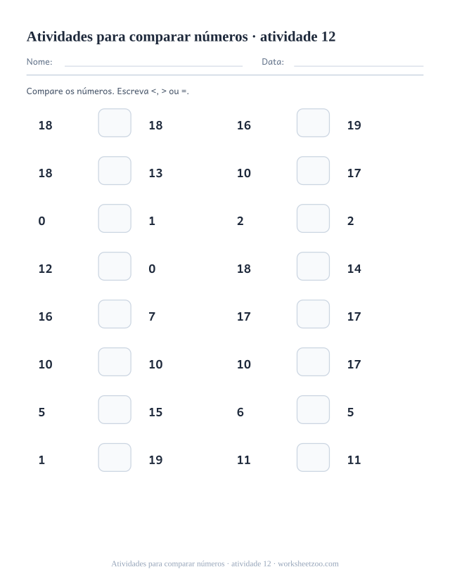 Prévia de Atividades para comparar números, atividade 12 para imprimir