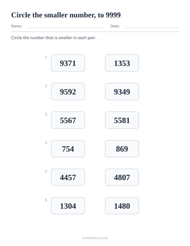 Comparing numbers worksheet, circle the smaller number in each pair, numbers to 9999