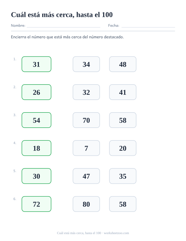 Ficha para comparar números, encierra cuál de dos números está más cerca de un número objetivo hasta el 100