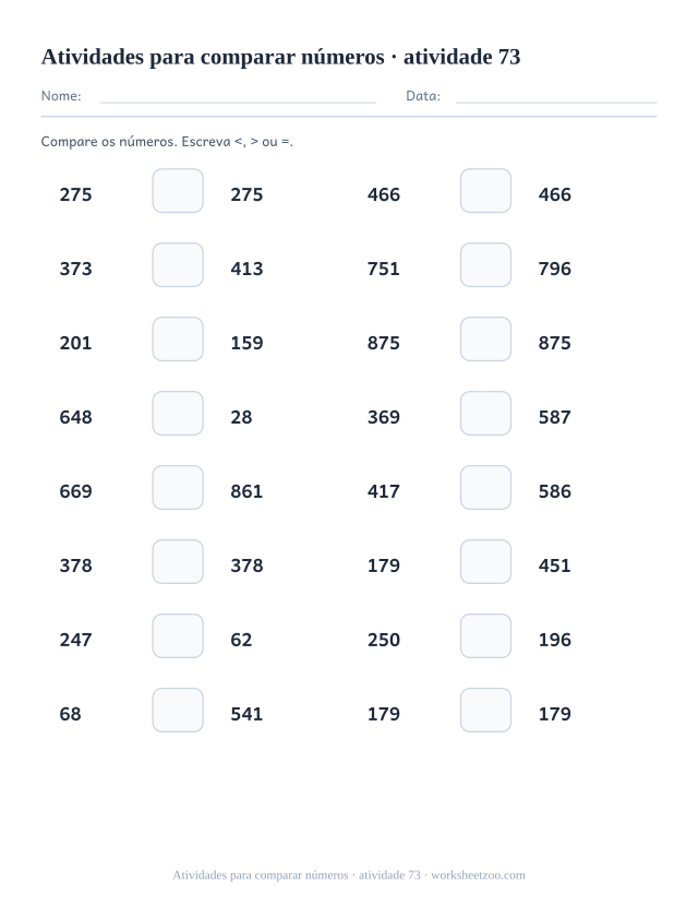 Prévia de Atividades para comparar números, atividade 73 para imprimir
