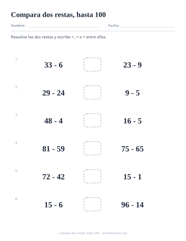 Ficha para comparar números, resuelve dos restas hasta 100 y compara los resultados
