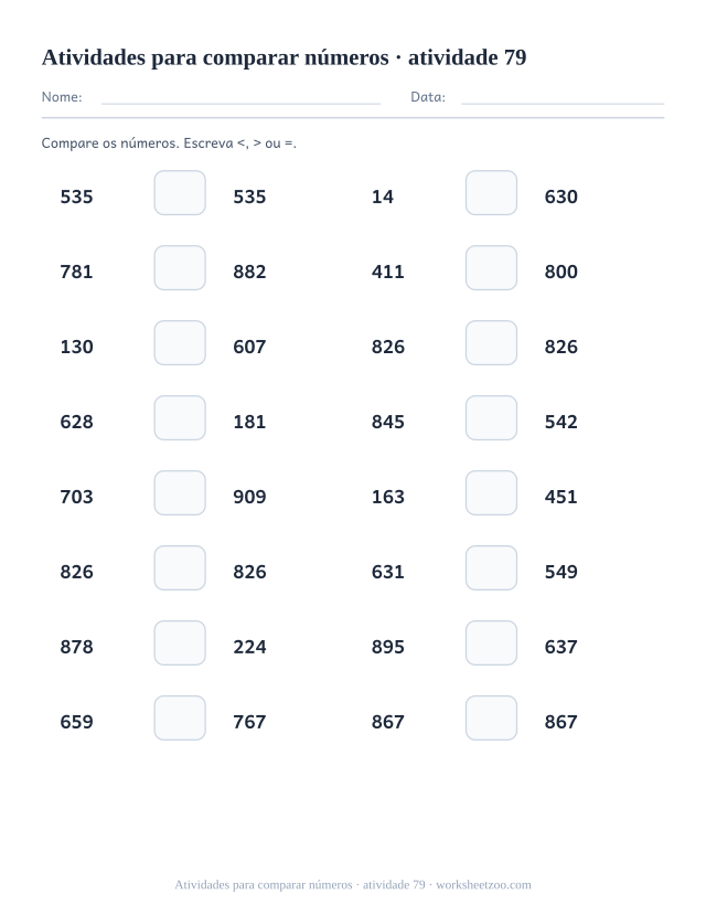 Prévia de Atividades para comparar números, atividade 79 para imprimir