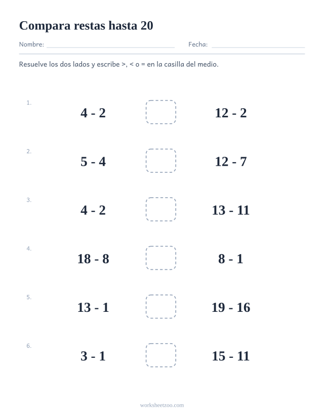 Ficha para comparar expresiones, dos restas hasta 20 en cada fila con una casilla de símbolo en medio