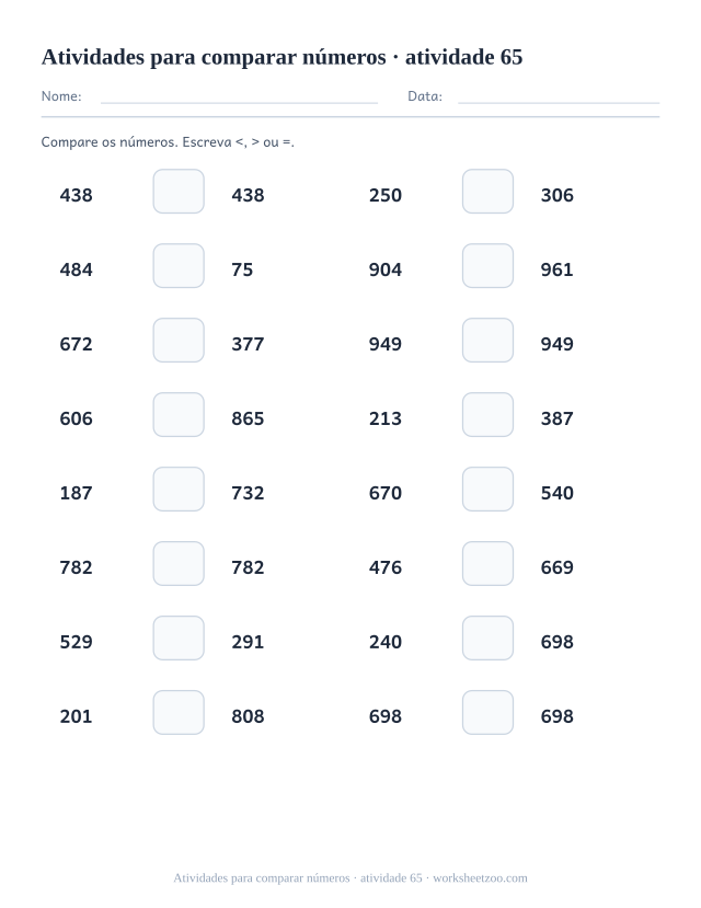 Prévia de Atividades para comparar números, atividade 65 para imprimir