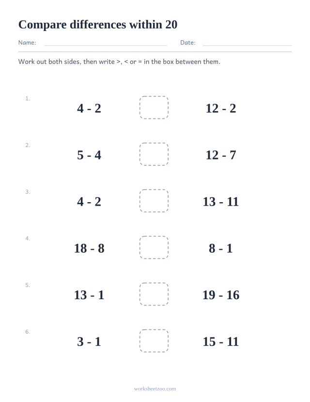 Comparing expressions worksheet, two subtractions within 20 on each row with a symbol box between them