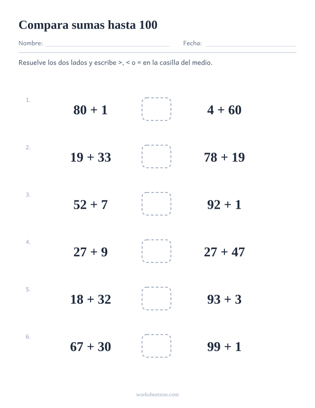 Ficha para comparar expresiones, dos sumas hasta 100 en cada fila con una casilla de símbolo en medio