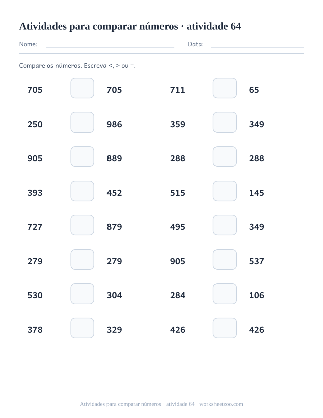Prévia de Atividades para comparar números, atividade 64 para imprimir