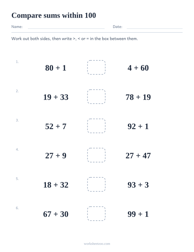 Comparing expressions worksheet, two sums within 100 on each row with a symbol box between them