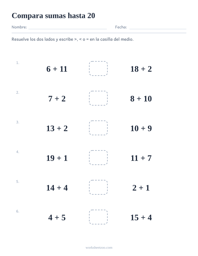 Ficha para comparar expresiones, dos sumas hasta 20 en cada fila con una casilla de símbolo en medio