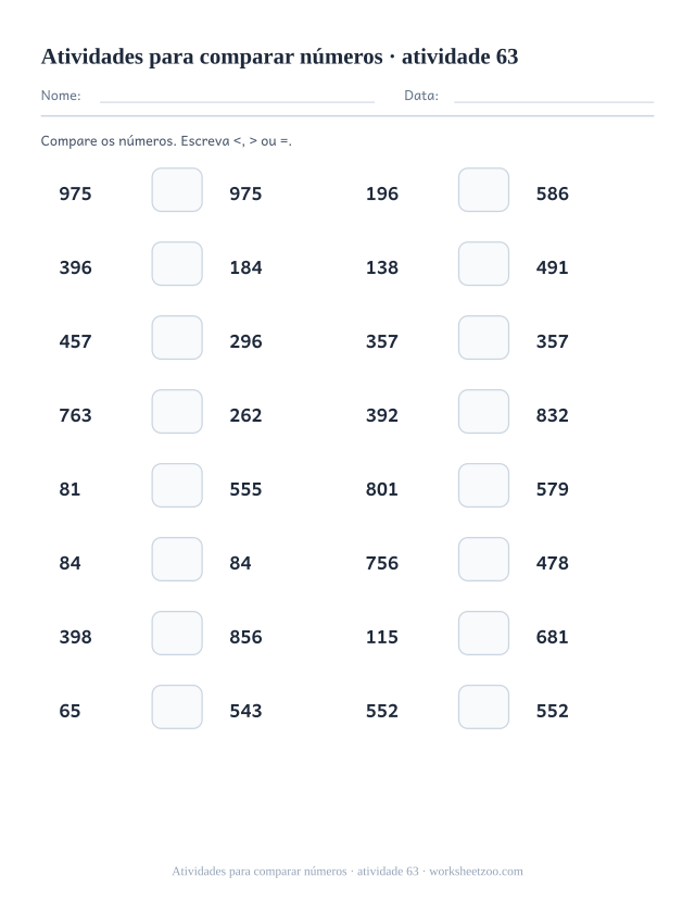 Prévia de Atividades para comparar números, atividade 63 para imprimir