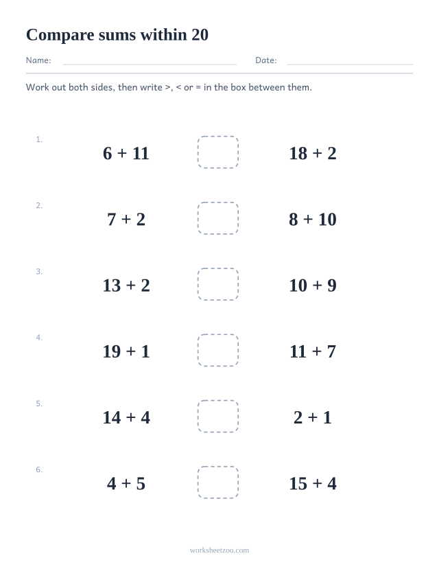 Comparing expressions worksheet, two sums within 20 on each row with a symbol box between them