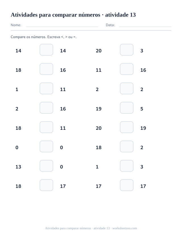 Prévia de Atividades para comparar números, atividade 13 para imprimir
