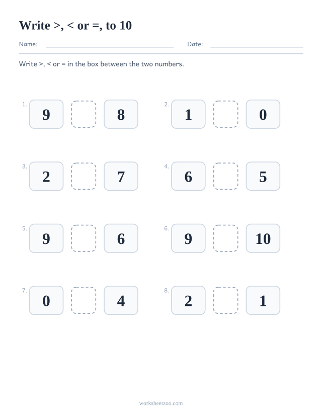 Greater than less than worksheet, write the >, < or = symbol between two numbers to 10