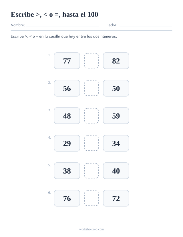 Ficha de mayor que y menor que, escribe el símbolo >, < o = entre dos números hasta el 100